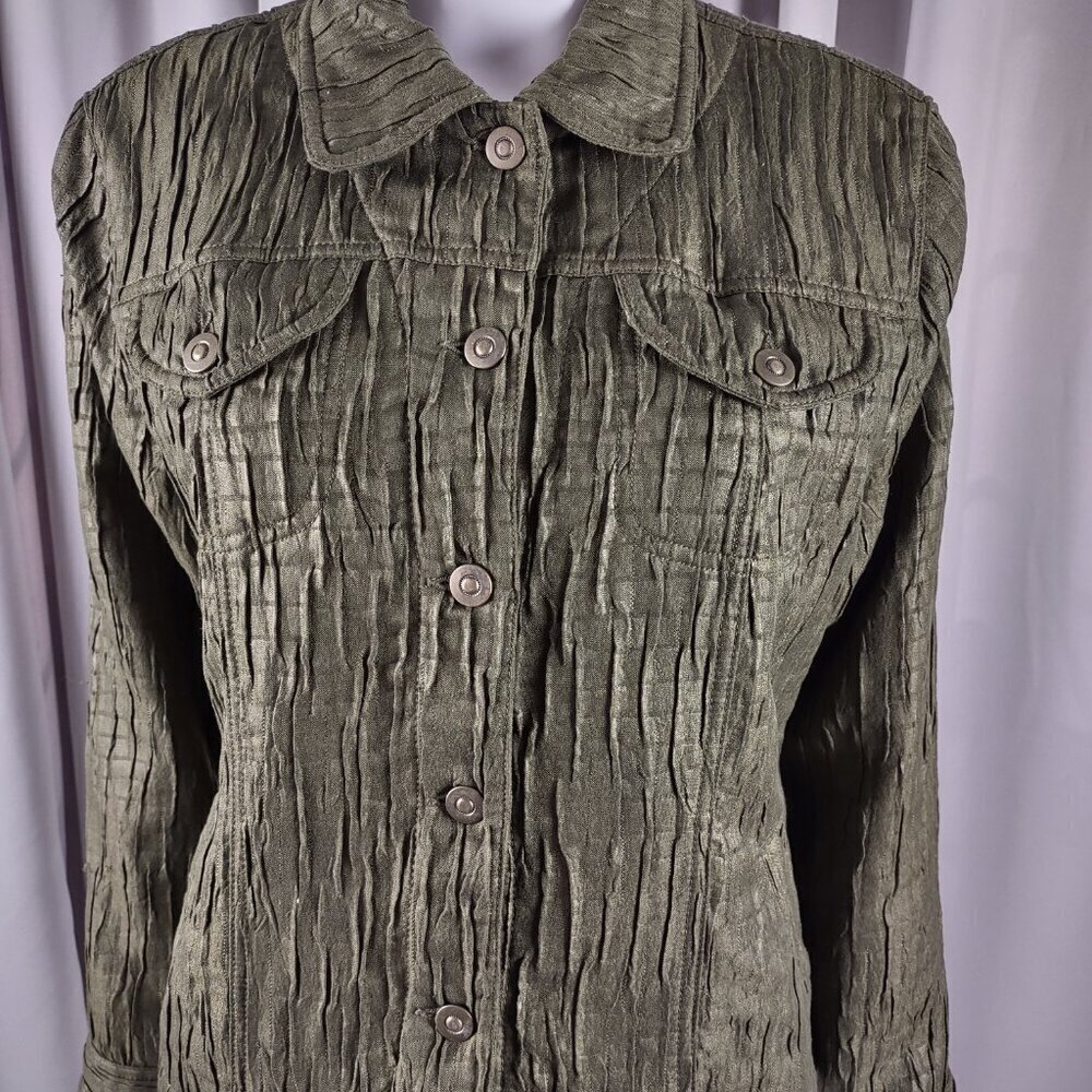 Ruby Rd. Women's Olive Green Crinkle Textured Lightweight Jacket - Size 12 - Picture 3 of 13